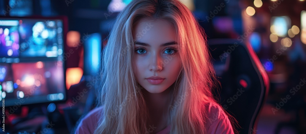 Close-up portrait of a young woman with long blonde hair in a pink shirt, sitting in a gaming chair, with colorful lights in the background. Close-up portrait of a young woman with long blonde hair in a pink shirt, sitting in a gaming chair, with colorful lights in the background.