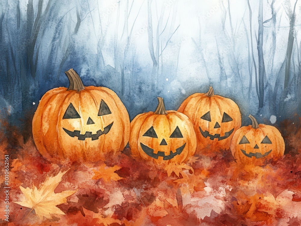 Watercolor Painting of Jack-o'-Lanterns in a Foggy Forest