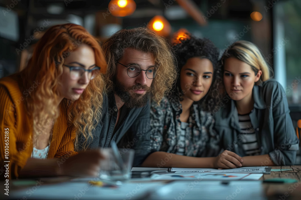 Group of people are sitting at a table focused on a work project Group of people are sitting at a table focused on a work project