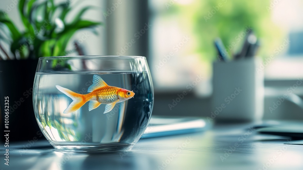 Εκτύπωση καμβά Vibrant Goldfish Swimming in a Tranquil Glass Aquarium with Lush Greenery Reflec