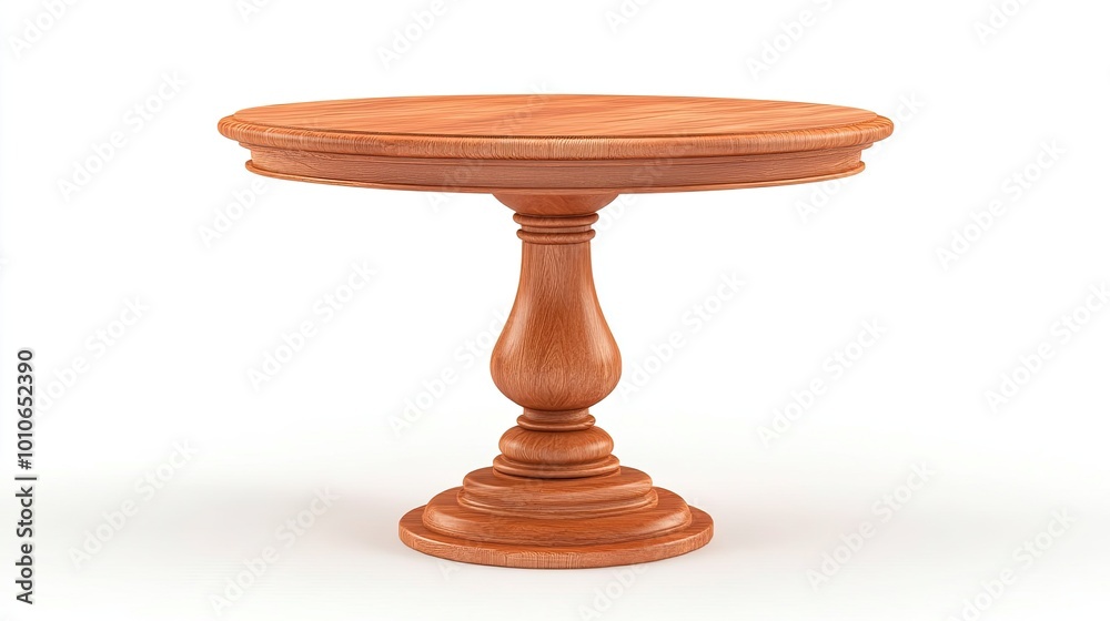 A classic, round wooden table with a single pedestal base and a smooth, polished finish, isolated on a white background. A classic, round wooden table with a single pedestal base and a smooth, polished finish, isolated on a white background.