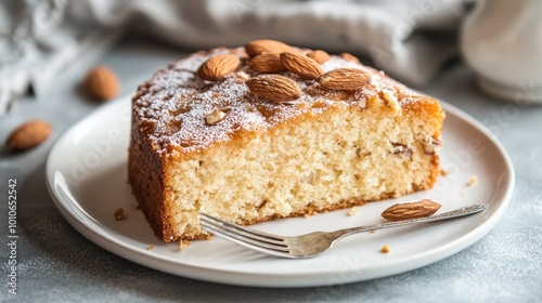 Delicious Almond Cake on a White Plate