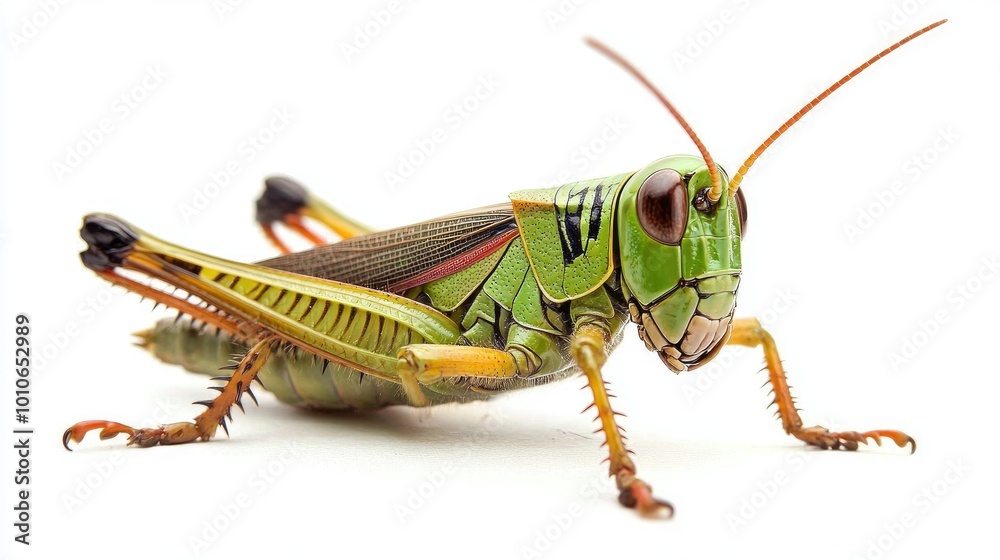 Close-up of a vibrant green grasshopper on white background Close-up of a vibrant green grasshopper on white background