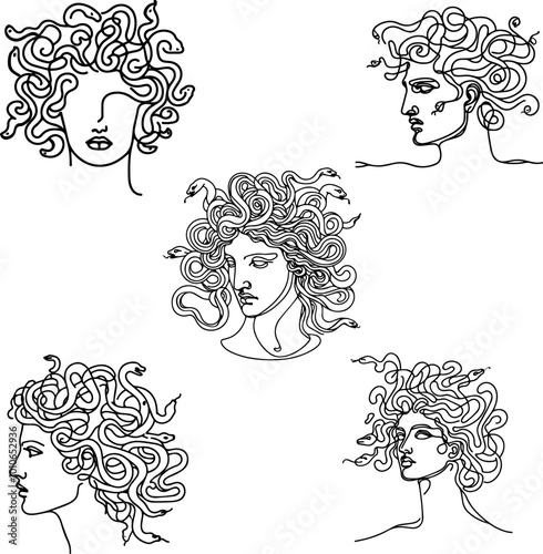 set of  gorgon jellyfish face line art