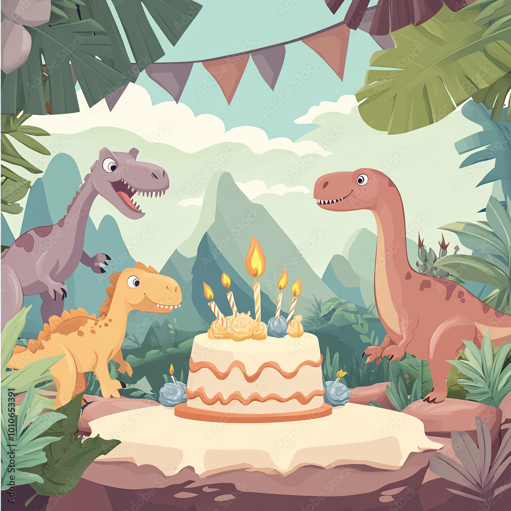 Obraz premium dinosaur jurassic era concept celebration birthday background with bright colors gifts, cake, balloons, confetti with birthday candles