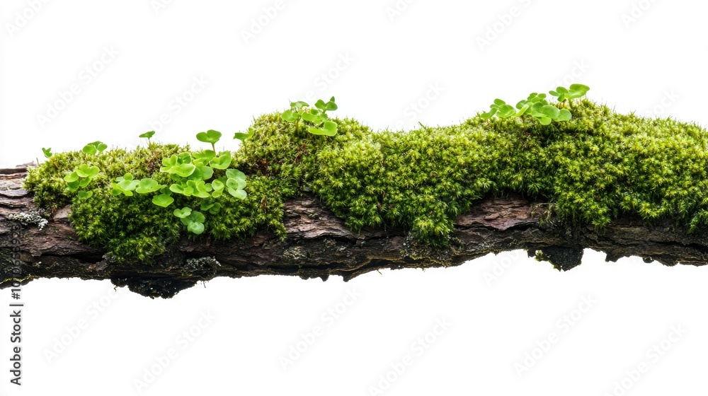 A close-up of a moss-covered tree branch with tiny green plants growing on top, isolated on a white background. A close-up of a moss-covered tree branch with tiny green plants growing on top, isolated on a white background.