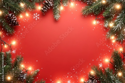 red christmas background, the center is blank area for text, four corners are decorated by green pine needles and lights, with generative ai