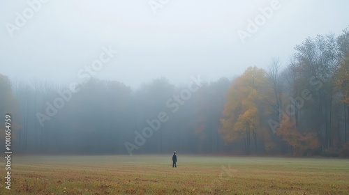 A solitary figure stands in a foggy field surrounded by autumn trees.