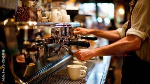 A barista making an espresso shot with a sleek coffee machine, with coffee beans and cups in the background.