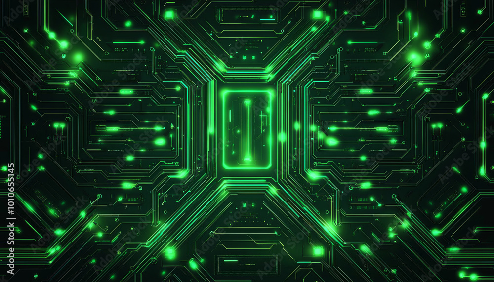 A digital circuit board design featuring glowing green elements, symbolizing technology and innovation. A digital circuit board design featuring glowing green elements, symbolizing technology and innovation.