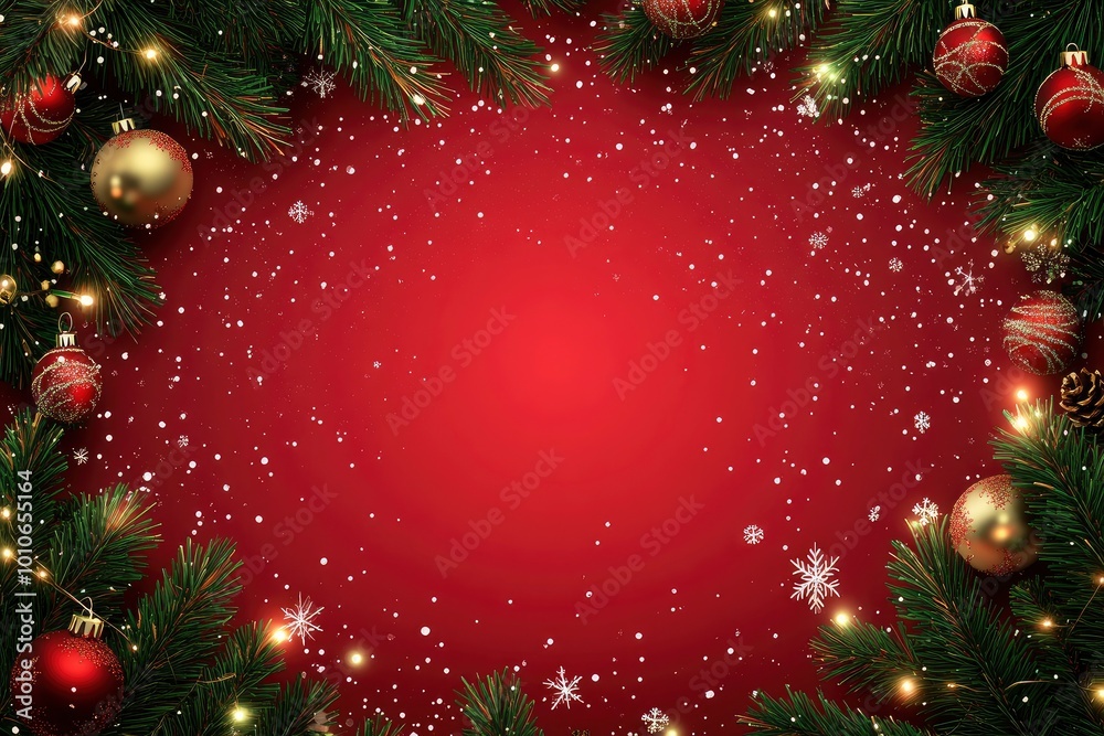 red christmas background, the center is blank area for text, four corners are decorated by green pine needles and lights, with generative ai red christmas background, the center is blank area for text, four corners are decorated by green pine needles and lights, with generative ai