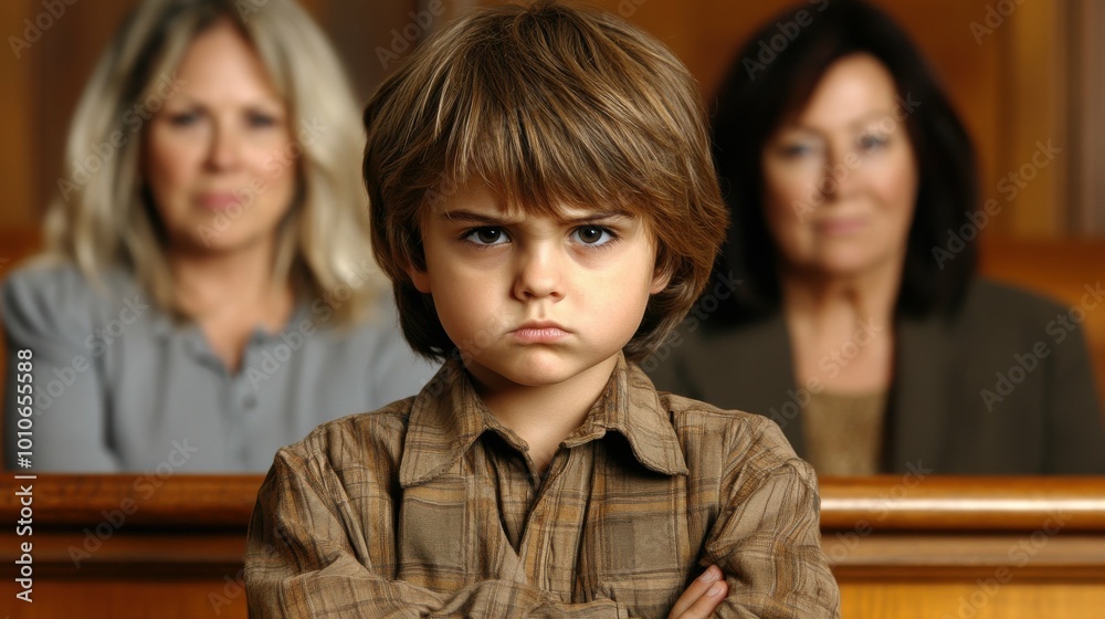 A young boy is sitting in a courtroom with his arms crossed and a scowl on his face A young boy is sitting in a courtroom with his arms crossed and a scowl on his face