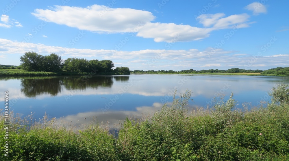 A calm river reflecting the trees and sky above, with the water extending out toward the horizon. A calm river reflecting the trees and sky above, with the water extending out toward the horizon.