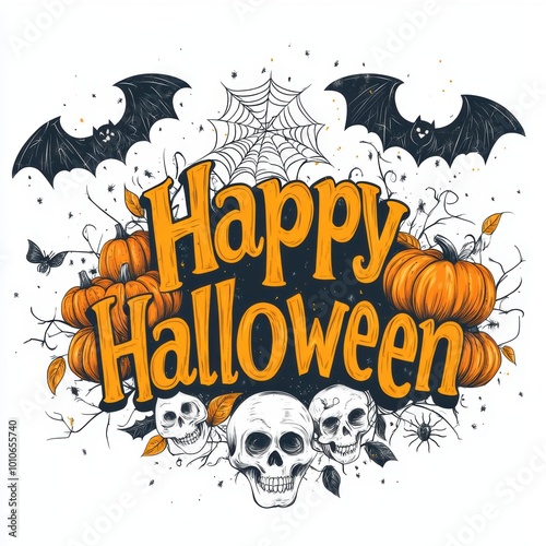 Halloween Greeting with Pumpkins, Bats, and Skulls