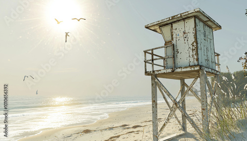 A serene beach scene featuring a weathered lifeguard tower, sun shining brightly, and birds soaring above the tranquil shoreline.