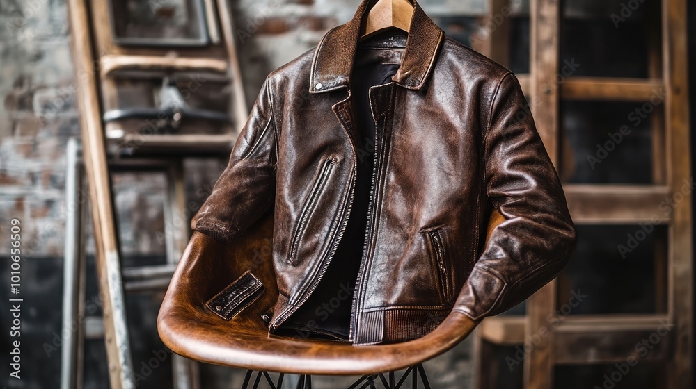 A close-up of a stylish leather jacket draped over a chair, with cool lighting and an industrial backdrop. A close-up of a stylish leather jacket draped over a chair, with cool lighting and an industrial backdrop.