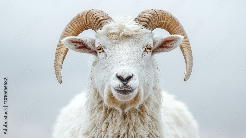 A close-up of a fluffy white goat with prominent horns. A close-up of a fluffy white goat with prominent horns.