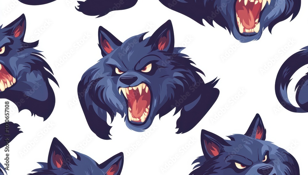 Seamless pattern of a snarling werewolf head with yellow eyes Seamless pattern of a snarling werewolf head with yellow eyes