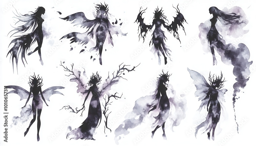 Watercolor Silhouettes of Mystical Female Figures with Wings, Hair, and Branches Watercolor Silhouettes of Mystical Female Figures with Wings, Hair, and Branches