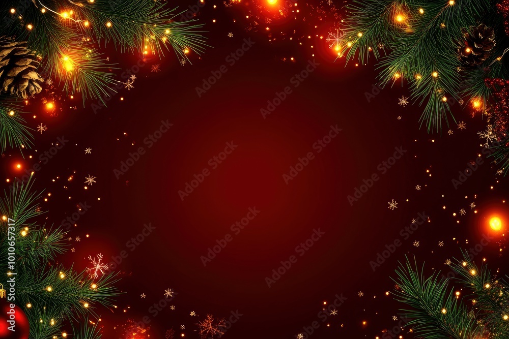 red christmas background, the center is blank area for text, four corners are decorated by green pine needles and lights, with generative ai red christmas background, the center is blank area for text, four corners are decorated by green pine needles and lights, with generative ai