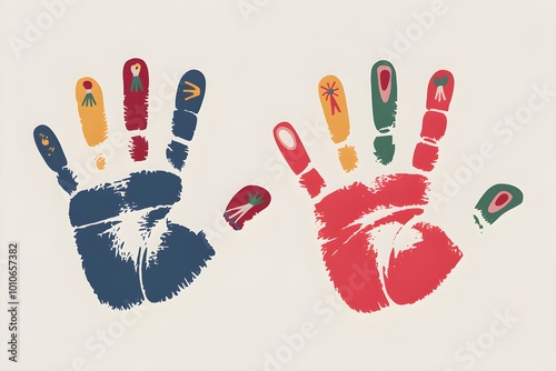 Colorful handprints side by side, blue and red fingers spread in artistic style