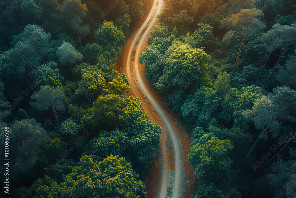 Winding road through a forest with trees on both sides. Serene and peaceful atmosphere Winding road through a forest with trees on both sides. Serene and peaceful atmosphere