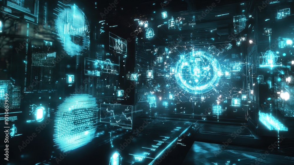 Futuristic Cityscape with Glowing Holographic Technology Futuristic Cityscape with Glowing Holographic Technology