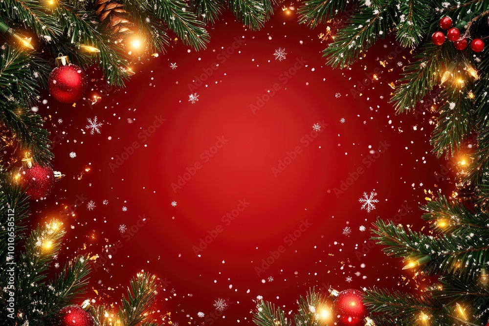 red christmas background, the center is blank area for text, four corners are decorated by green pine needles and lights, with generative ai red christmas background, the center is blank area for text, four corners are decorated by green pine needles and lights, with generative ai