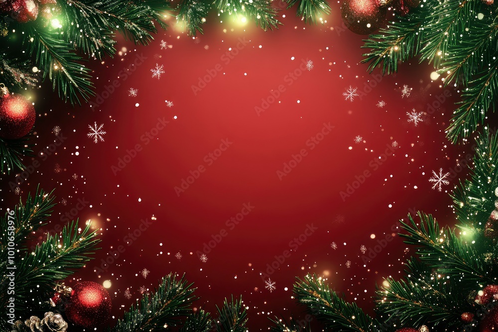 red christmas background, the center is blank area for text, four corners are decorated by green pine needles and lights, with generative ai red christmas background, the center is blank area for text, four corners are decorated by green pine needles and lights, with generative ai