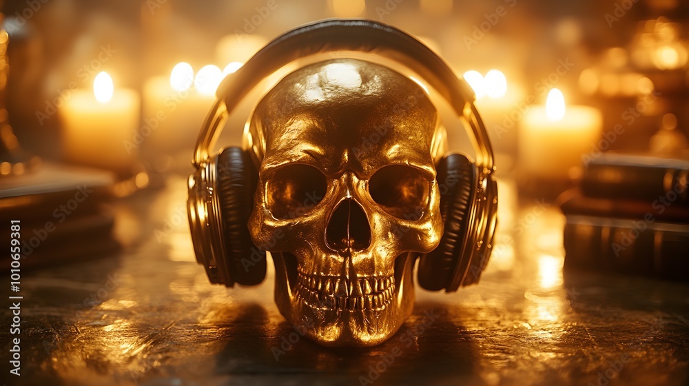 A human skull adorned with gold headphones, sitting on a gothic desk with candles and ancient books, in a dimly lit study A human skull adorned with gold headphones, sitting on a gothic desk with candles and ancient books, in a dimly lit study