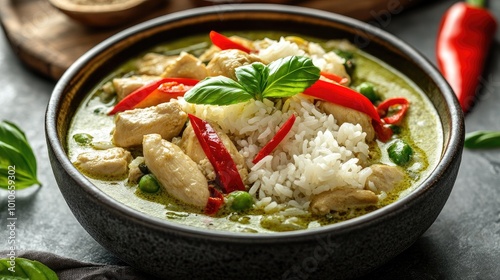 Delicious Green Curry with Chicken and Rice Bowl