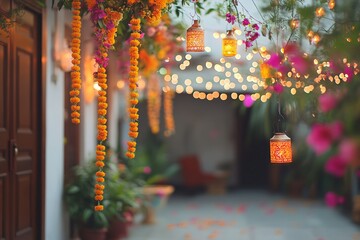 Traditional Indian home adorned with marigold flowers and lanter