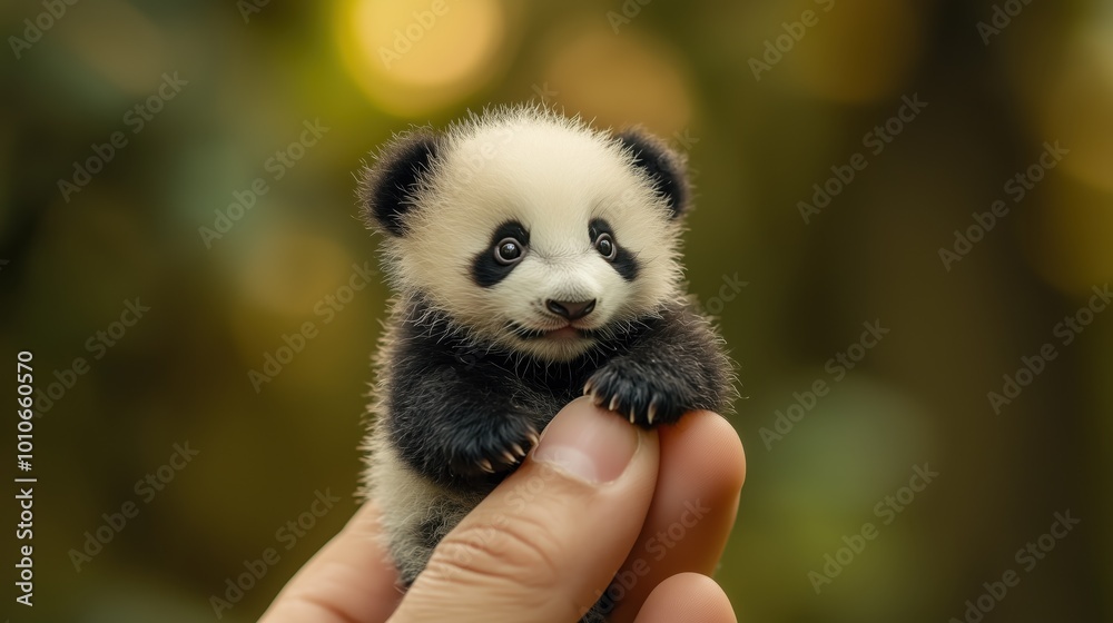 Tiny Panda Sitting Adorably on a Finger in a Natural Setting Tiny Panda Sitting Adorably on a Finger in a Natural Setting