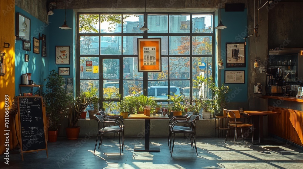 Cozy Cafe Interior with Large Windows and Plants Generative AI Cozy Cafe Interior with Large Windows and Plants Generative AI