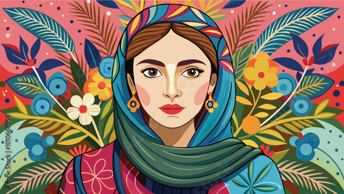 Woman wearing a headscarf on a pink and floral background