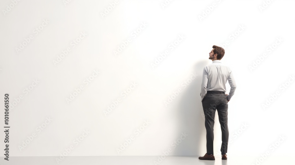 Thoughtful Man Standing Alone Against White Wall in Minimalist Interior Thoughtful Man Standing Alone Against White Wall in Minimalist Interior