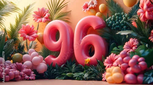 A vibrant display featuring the number 96 surrounded by flowers and balloons.