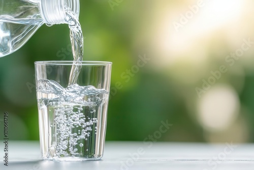 Clear water being poured from a plastic bottle into a glass during a hot day, photorealistic, symbolizing hydration and purity