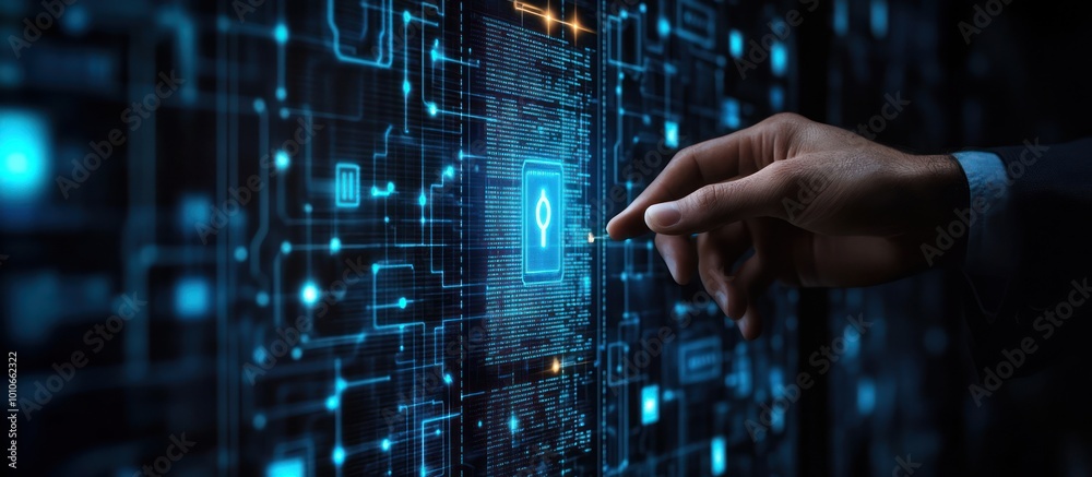 A hand reaching out and touching a digital interface with a glowing icon, on a dark background with circuit board patterns. A hand reaching out and touching a digital interface with a glowing icon, on a dark background with circuit board patterns.
