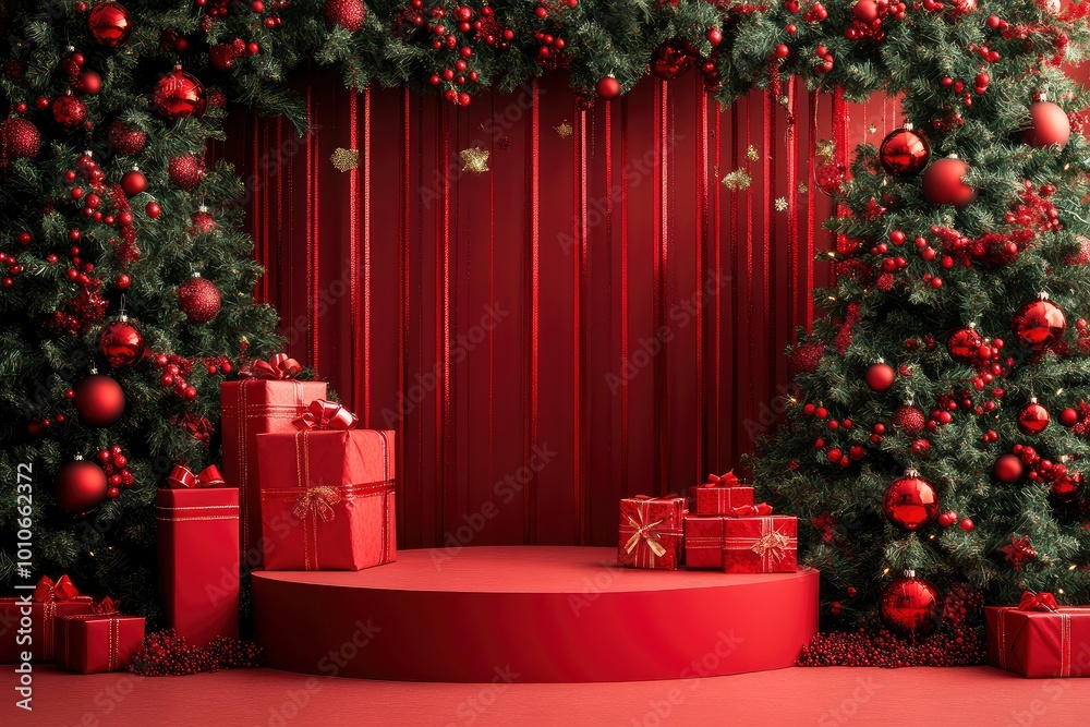 red podium for product placement in christmas background decor by christmas tree gift boxes ribbon with generative ai red podium for product placement in christmas background decor by christmas tree gift boxes ribbon with generative ai