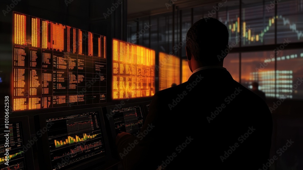 Silhouette of Trader Analyzing Financial Data on Multiple Screens Silhouette of Trader Analyzing Financial Data on Multiple Screens