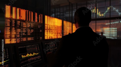 Silhouette of Trader Analyzing Financial Data on Multiple Screens