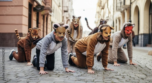 Playful Children in Animal Costumes Enjoying Street Performance photo