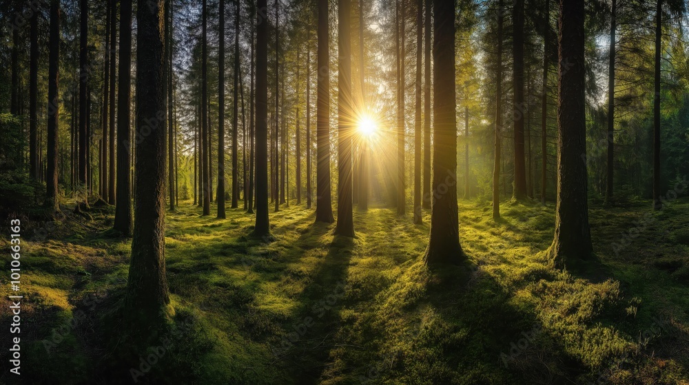 Ultra Wide Angle Sunrise in the Forest of Tall Trees with Rays of Morning Light Ultra Wide Angle Sunrise in the Forest of Tall Trees with Rays of Morning Light