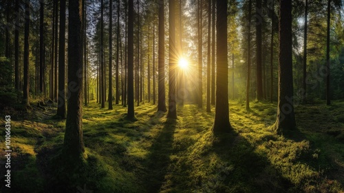 Ultra Wide Angle Sunrise in the Forest of Tall Trees with Rays of Morning Light