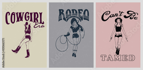 western cowgirl vector design combo, cowgirl in hat with rope, cowgirl with gun, retro vintage cowgirl vector sketch for t shirt, sticker, poster, graphic print