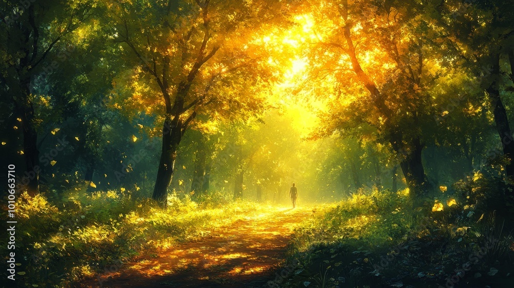Golden Forest Path at Sunrise – Generative AI Golden Forest Path at Sunrise – Generative AI
