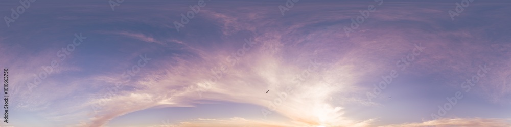 Fototapeta premium 360 panorama of glowing sunset sky with bright pink Cumulus clouds. HDR 360 seamless spherical panorama. Full zenith or sky dome sky replacement for aerial drone panoramas. Climate and weather change.