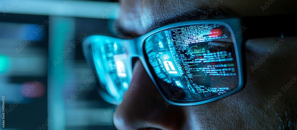 Cybersecurity breach reflected in the glasses of a man near a computer screen. Cybersecurity breach reflected in the glasses of a man near a computer screen.