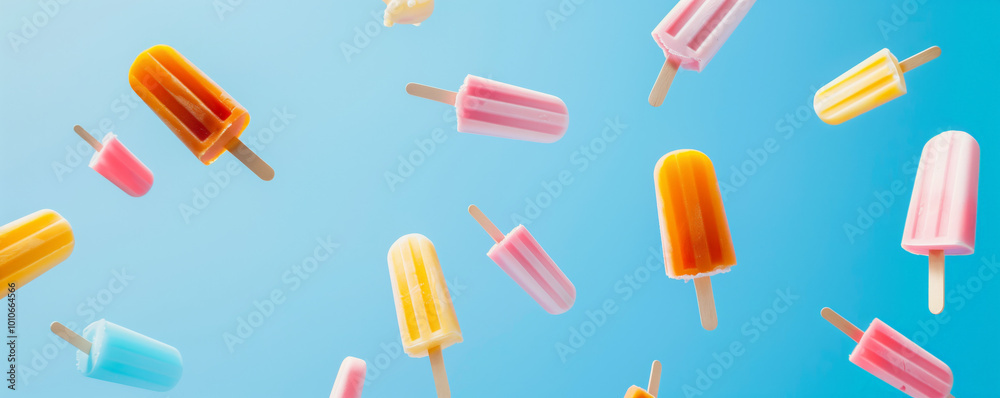 Colorful ice pops floating against a bright summer sky create a playful and refreshing background. Playful arrangement evokes fun, joy and childhood. Fruit ice-cream. Colorful ice pops floating against a bright summer sky create a playful and refreshing background. Playful arrangement evokes fun, joy and childhood. Fruit ice-cream.